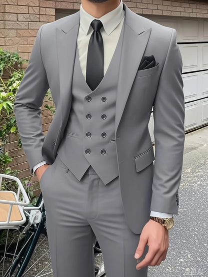 Men'S Premium Three-Piece Suit - Formal Blazer, Trousers & Vest with Black Tie & Pocket Square - Ideal for Weddings, Work, and Formal Events - Durable Woven Fabric,
