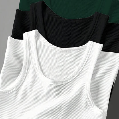 3pcs Men's Solid Color Sleeveless Tank Tops - Sporty Slim Fit, Breathable Stretch Fabric, Round Neck, Machine Washable, All-Season Casual & Athletic Wear