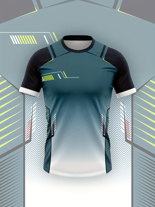 Men'S High-Elasticity Sporty T-Shirt - Geometric Pattern, Slim Fit, Breathable & Tear-Resistant for Running, Yoga,