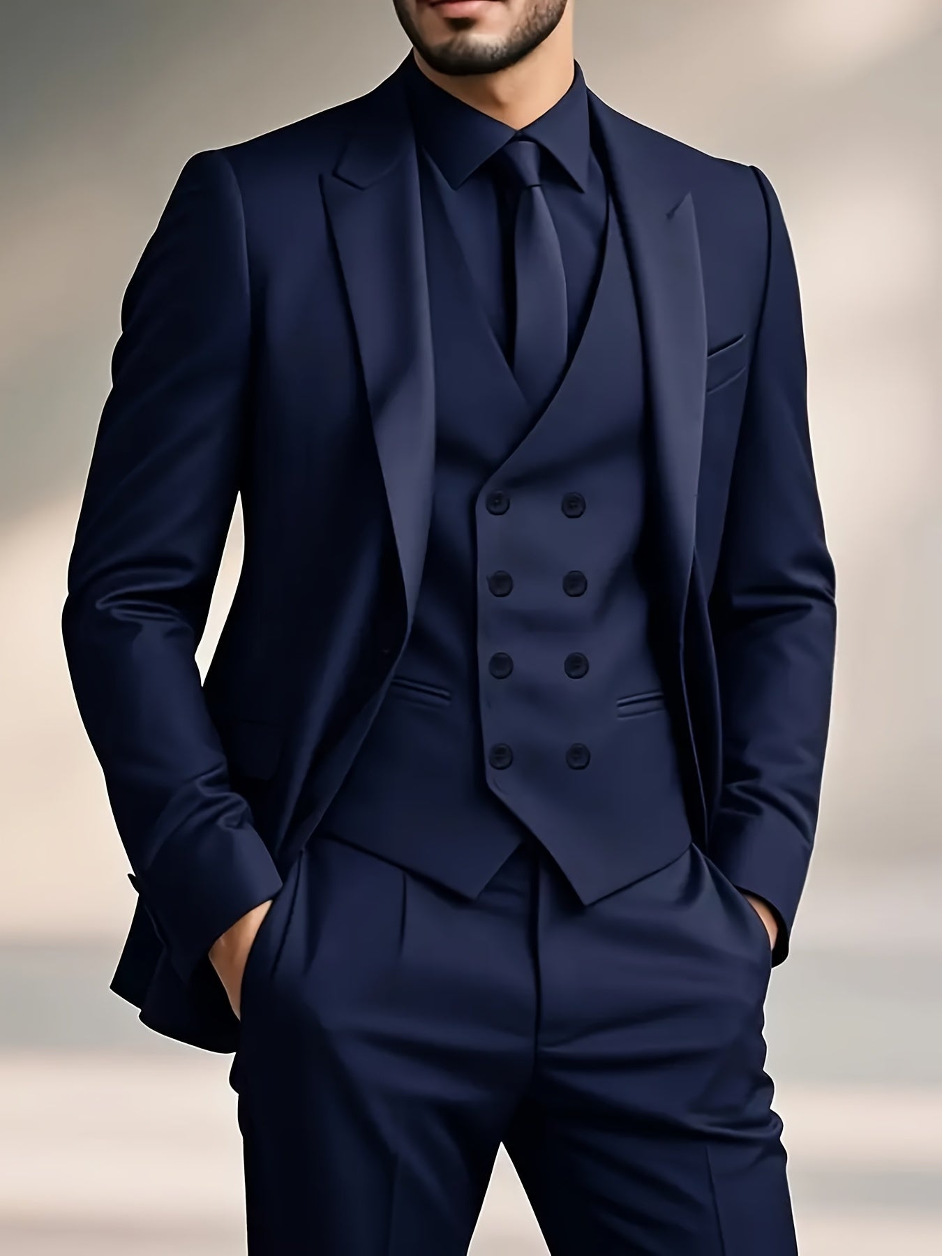 Men's Three-Piece Suit with Vest, Trousers, and Jacket for Weddings and Important Occasions