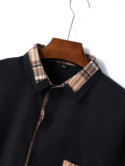 Men'S Casual Long Sleeve Shirt with Color Block Pocket Design - Comfortable Collar, Breathable Fabric,