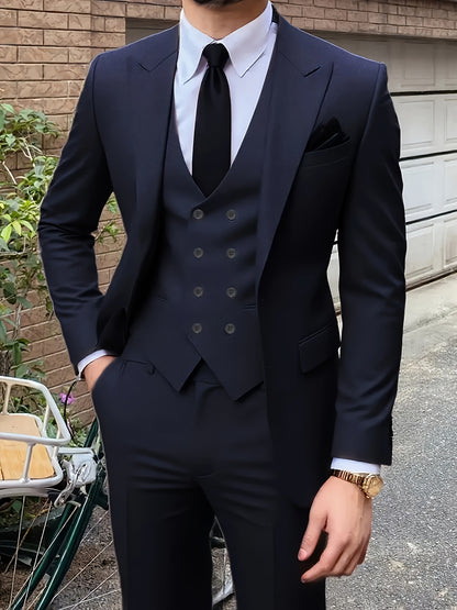 Men'S Premium Three-Piece Suit - Formal Blazer, Trousers & Vest with Black Tie & Pocket Square - Ideal for Weddings, Work, and Formal Events - Durable Woven Fabric,