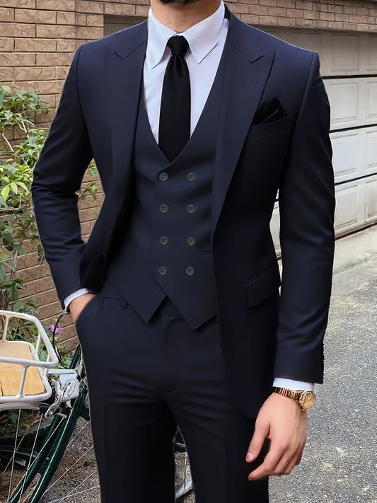 Men'S Premium Three-Piece Suit - Formal Blazer, Trousers & Vest with Black Tie & Pocket Square - Ideal for Weddings, Work, and Formal Events - Durable Woven Fabric,