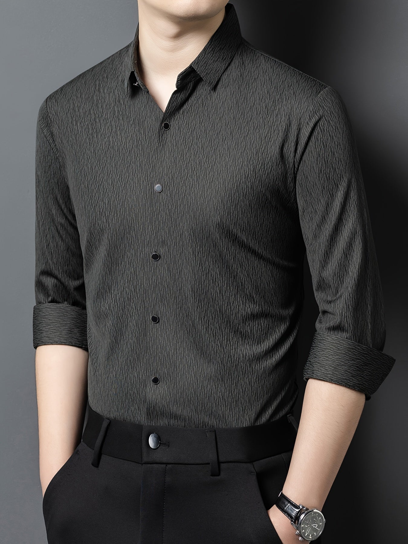 Men's Breathable Long Sleeve Button-Up Shirt - Casual Business Style, Solid Brown, Lightweight Fabric for Spring\u002FFall, Perfect for Office or Leisure Outings,