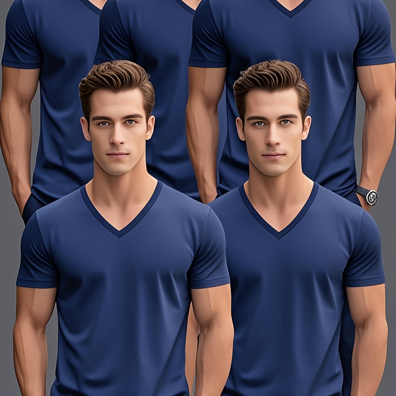 Men'S Summer Classic V-Neck Casual Short Sleeve T-Shirt Set of Five Pieces: Black, White, Gray, Navy Blue, and Dark Gray with Orange Print, PLUS SIZE