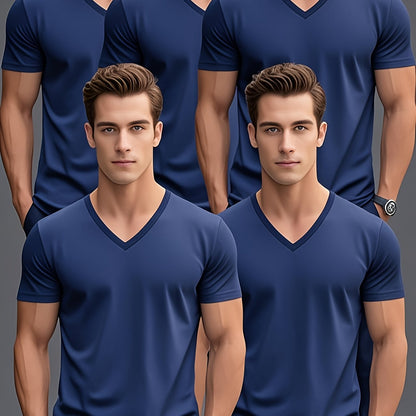 Men'S Summer Classic V-Neck Casual Short Sleeve T-Shirt Set of Five Pieces: Black, White, Gray, Navy Blue, and Dark Gray with Orange Print, PLUS SIZE