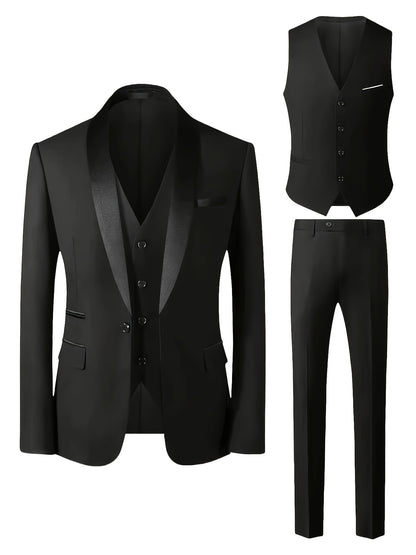 Three-Piece Formal Suit Set Men's Three-Piece Suit Set - Large Size Formal Attire with Notch Lapel, Includes Trousers & Vest for Weddings, Work & Festive Gifts
