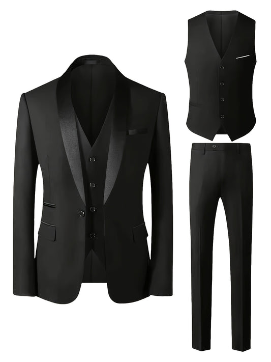 Three-Piece Formal Suit Set Men's Three-Piece Suit Set - Large Size Formal Attire with Notch Lapel, Includes Trousers & Vest for Weddings, Work & Festive Gifts