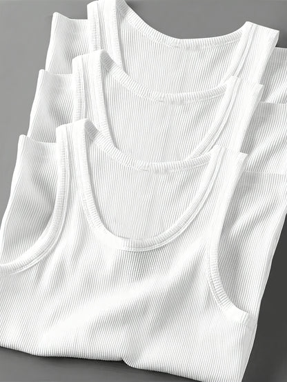3pcs Men's Solid Color Sleeveless Tank Tops - Sporty Slim Fit, Breathable Stretch Fabric, Round Neck, Machine Washable, All-Season Casual & Athletic Wear