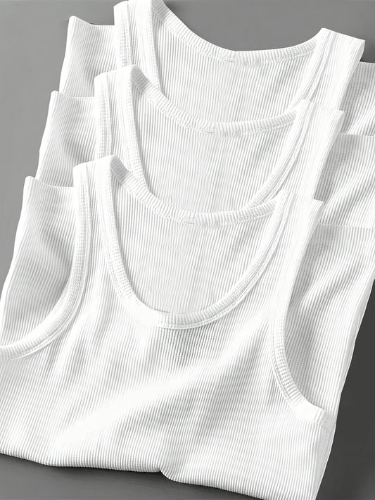 3pcs Men's Solid Color Sleeveless Tank Tops - Sporty Slim Fit, Breathable Stretch Fabric, Round Neck, Machine Washable, All-Season Casual & Athletic Wear