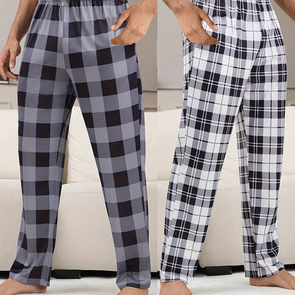 Men'S 2pcs Plaid Print Pajama Pants, Casual Home Wear