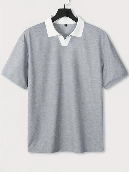 Knit Fabric, Polo Shirt Knit Fabric, All-Season Comfort | Men's Casual Loose Fit Polo Shirt - Short Sleeve, Button-Up Collar, Solid Color, Perfect for Casual Attire,