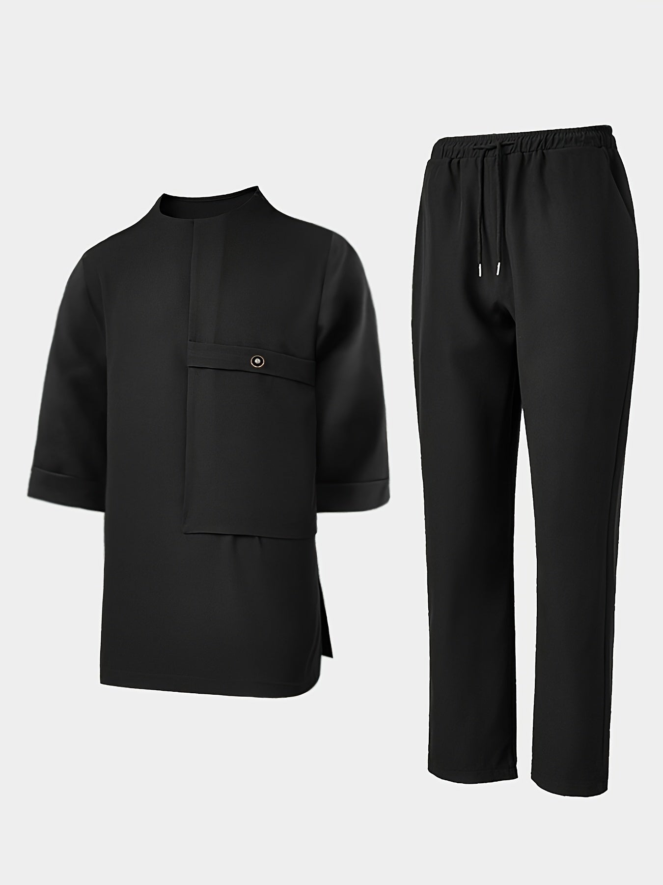 Men'S Suit, Short Sleeve Top, Round Neck, Fake Pocket Design, Hem Slit, Elastic Pants, Plus Size Men'S Suit, Men'S Casual Shirt and Pants Set,