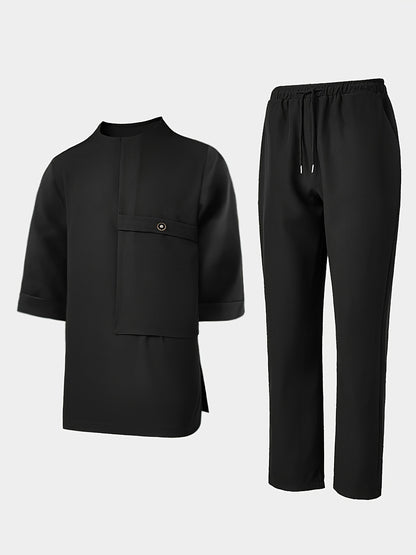 Men'S Suit, Short Sleeve Top, Round Neck, Fake Pocket Design, Hem Slit, Elastic Pants, Plus Size Men'S Suit, Men'S Casual Shirt and Pants Set,