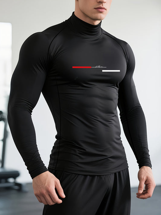 Men'S High Neck Compression Shirt - Long Sleeve Workout Top with Motivational Graphic, Muscle Fit Gym Shirt,