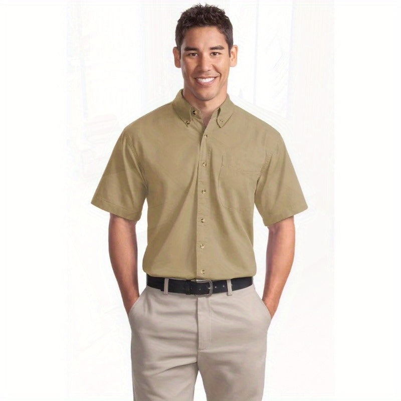 Port Authority Men's Short Sleeve Twill Shirt S500T - 5-Ounce Heavyweight 100%, Wrinkle-Resistant & Easy-Care, Classic Pointed Collar with Horn Buttons,