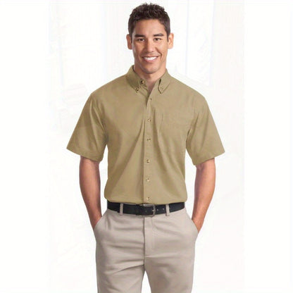 Port Authority Men's Short Sleeve Twill Shirt S500T - 5-Ounce Heavyweight 100%, Wrinkle-Resistant & Easy-Care, Classic Pointed Collar with Horn Buttons,