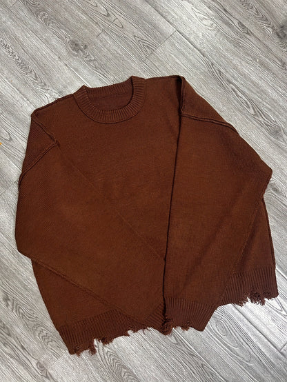 Street Style Chic Unisex Long Sleeve Crew Neck Knit Sweater with Fringe Detail - Loose Fit, Comfortable Drop Shoulder Design for Fall\u002FWinter