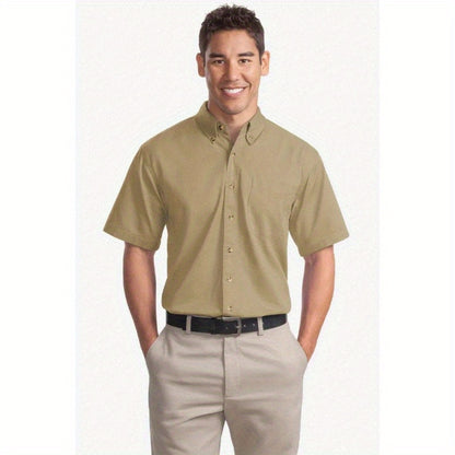 Port Authority Men's Short Sleeve Twill Shirt S500T - 5-Ounce Heavyweight 100%, Wrinkle-Resistant & Easy-Care, Classic Pointed Collar with Horn Buttons,