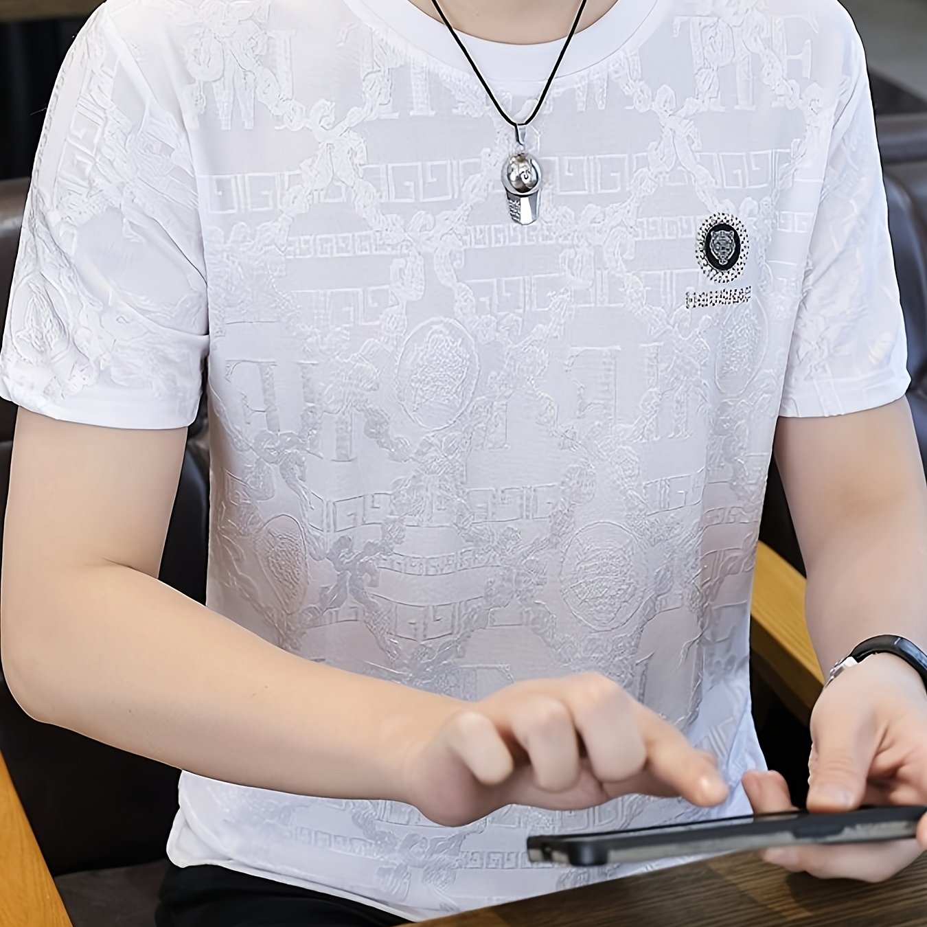 Men'S Elegant Black Short-Sleeve T-Shirt with Intricate Design - Casual Summer Top for Spring\u002FFall