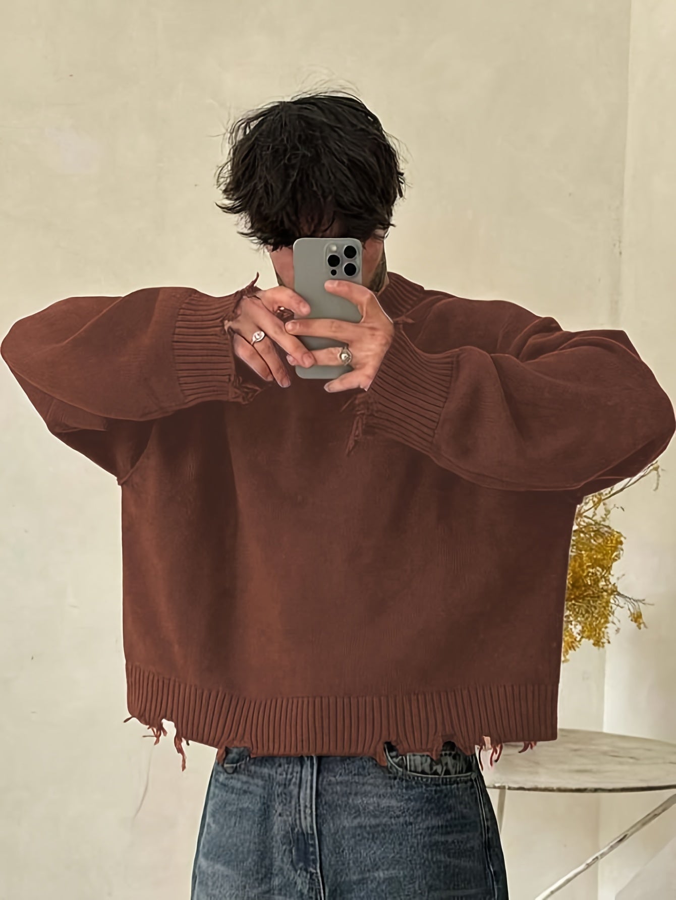Street Style Chic Unisex Long Sleeve Crew Neck Knit Sweater with Fringe Detail - Loose Fit, Comfortable Drop Shoulder Design for Fall\u002FWinter
