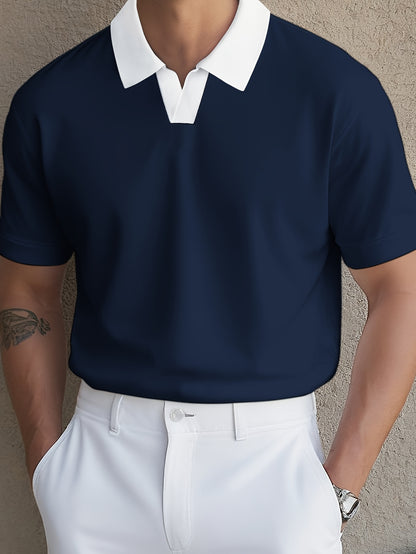 Knit Fabric, Polo Shirt Knit Fabric, All-Season Comfort | Men's Casual Loose Fit Polo Shirt - Short Sleeve, Button-Up Collar, Solid Color, Perfect for Casual Attire,