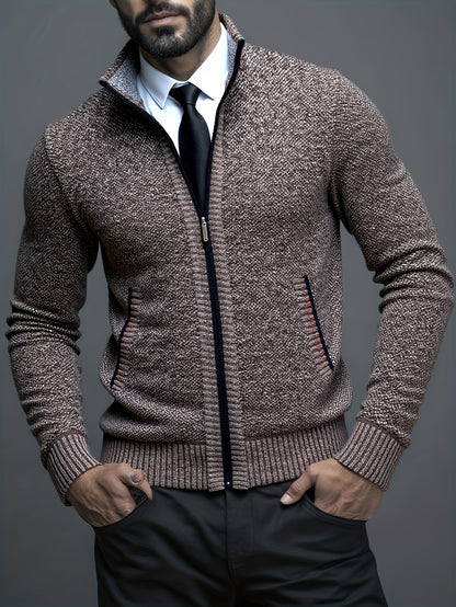 Stylish Men's Cardigan Soft Knit Men's Light Beige Open-Front Cardigan | Stylish Versatile Zip-Up Jacket for Office, Golf, and Casual Wear - H-Line Fit,