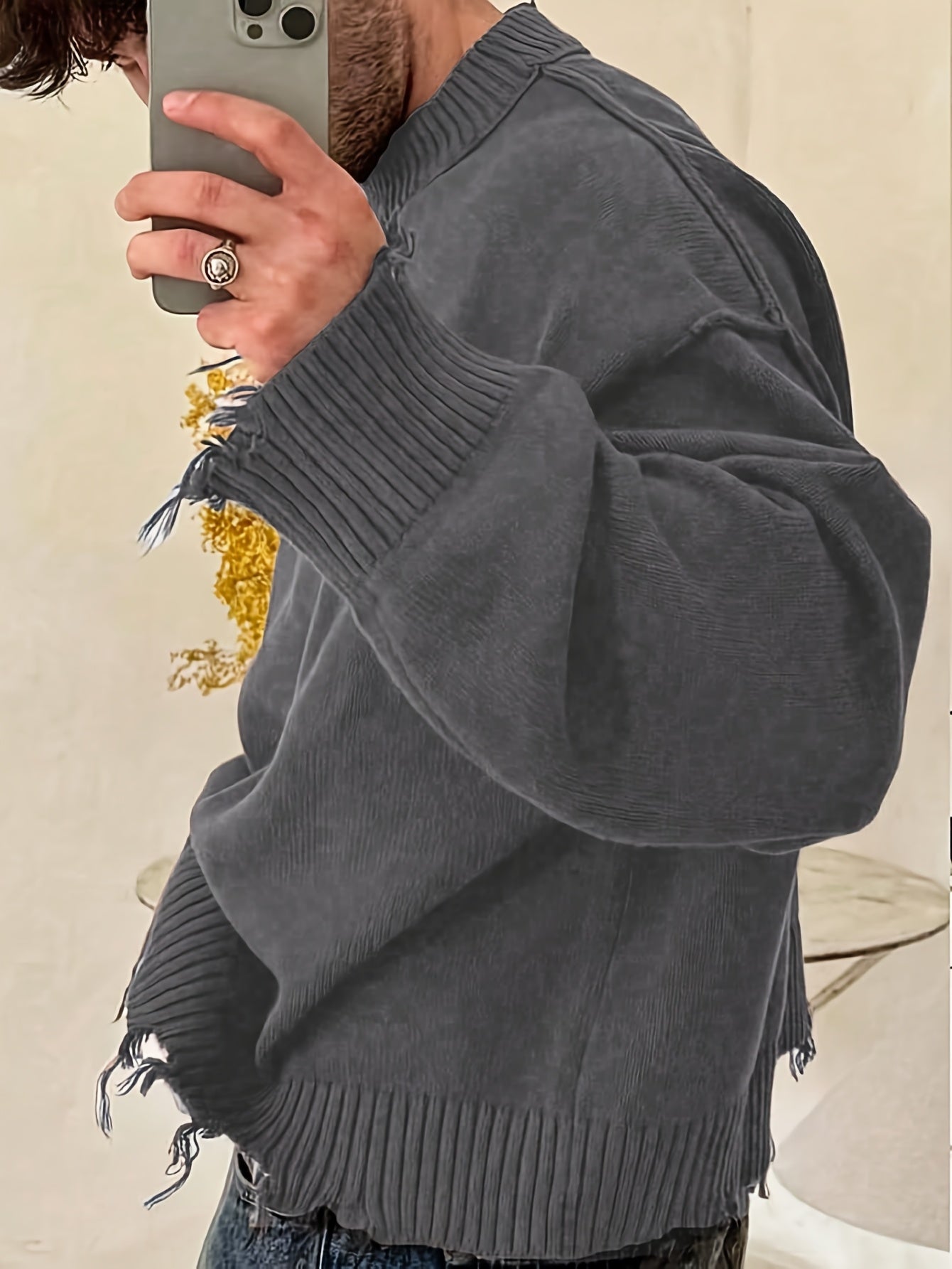 Street Style Chic Unisex Long Sleeve Crew Neck Knit Sweater with Fringe Detail - Loose Fit, Comfortable Drop Shoulder Design for Fall\u002FWinter