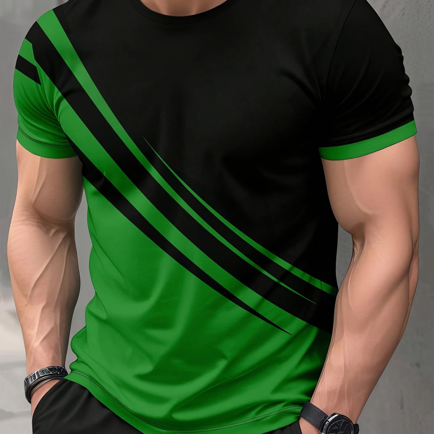 Men'S Casual T-Shirt with Bold Green & Black Striped Design - Breathable Short Sleeve Round Neck Tee,