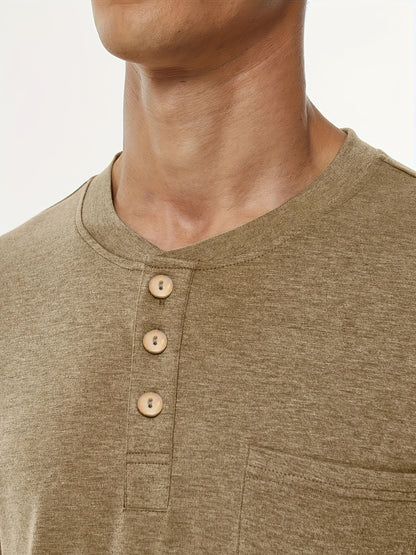 Stylish T-Shirt Soft Stretch Men's Plus Size Casual Henley T-Shirt | Lightweight 175gsm, Regular Fit Round Neck with Chest Pocket & Button Detail,