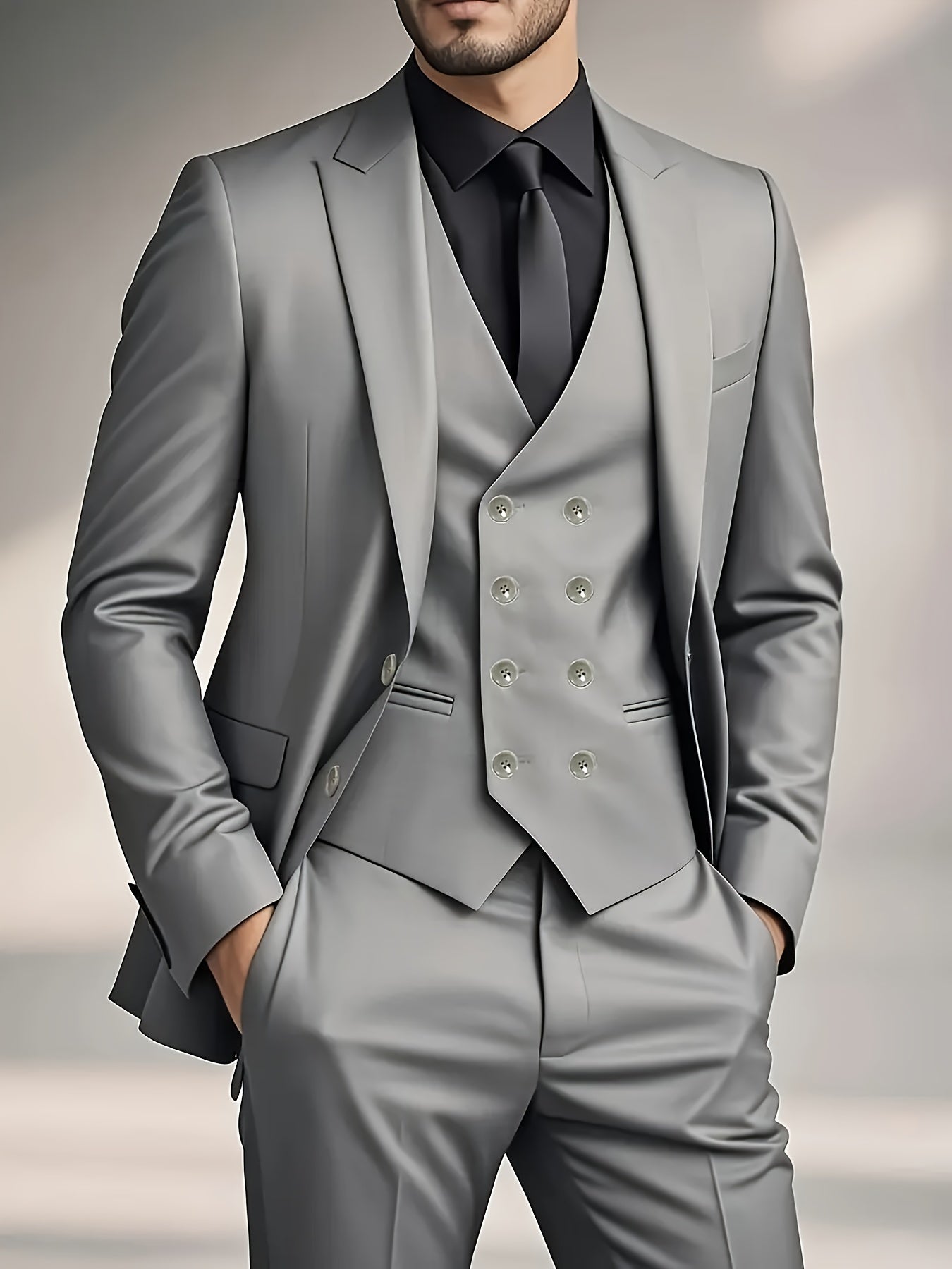 Men's Three-Piece Suit with Vest, Trousers, and Jacket for Weddings and Important Occasions