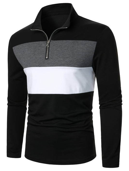 Stretchy T-Shirt Casual Stretchy Polyester Blend Men's Color Block Half-Zip Collared Long Sleeve T-Shirt | Machine Washable, Ideal for Spring & Fall
