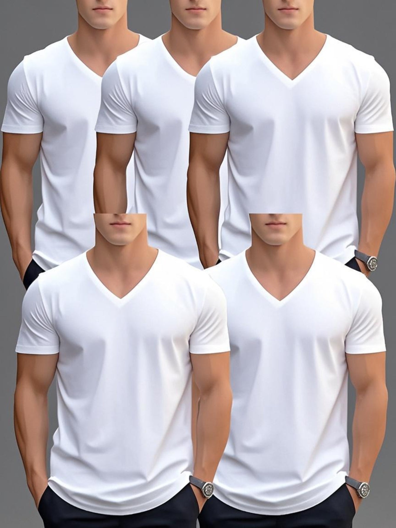 Men'S Summer Classic V-Neck Casual Short Sleeve T-Shirt Set of Five Pieces: Black, White, Gray, Navy Blue, and Dark Gray with Orange Print, PLUS SIZE