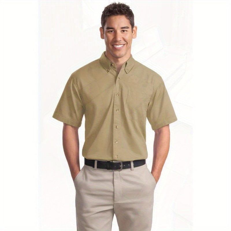 Port Authority Men's Short Sleeve Twill Shirt S500T - 5-Ounce Heavyweight 100%, Wrinkle-Resistant & Easy-Care, Classic Pointed Collar with Horn Buttons,