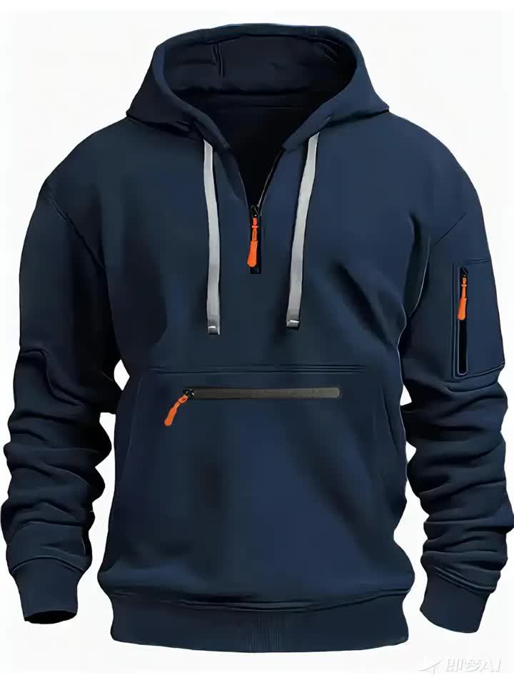 Thick, Warm, Oversized Men's Casual Zip-Up Hoodie - Kangaroo Pocket, Polyester Blend - Fall and Winter