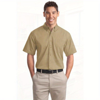 Port Authority Men's Short Sleeve Twill Shirt S500T - 5-Ounce Heavyweight 100%, Wrinkle-Resistant & Easy-Care, Classic Pointed Collar with Horn Buttons,