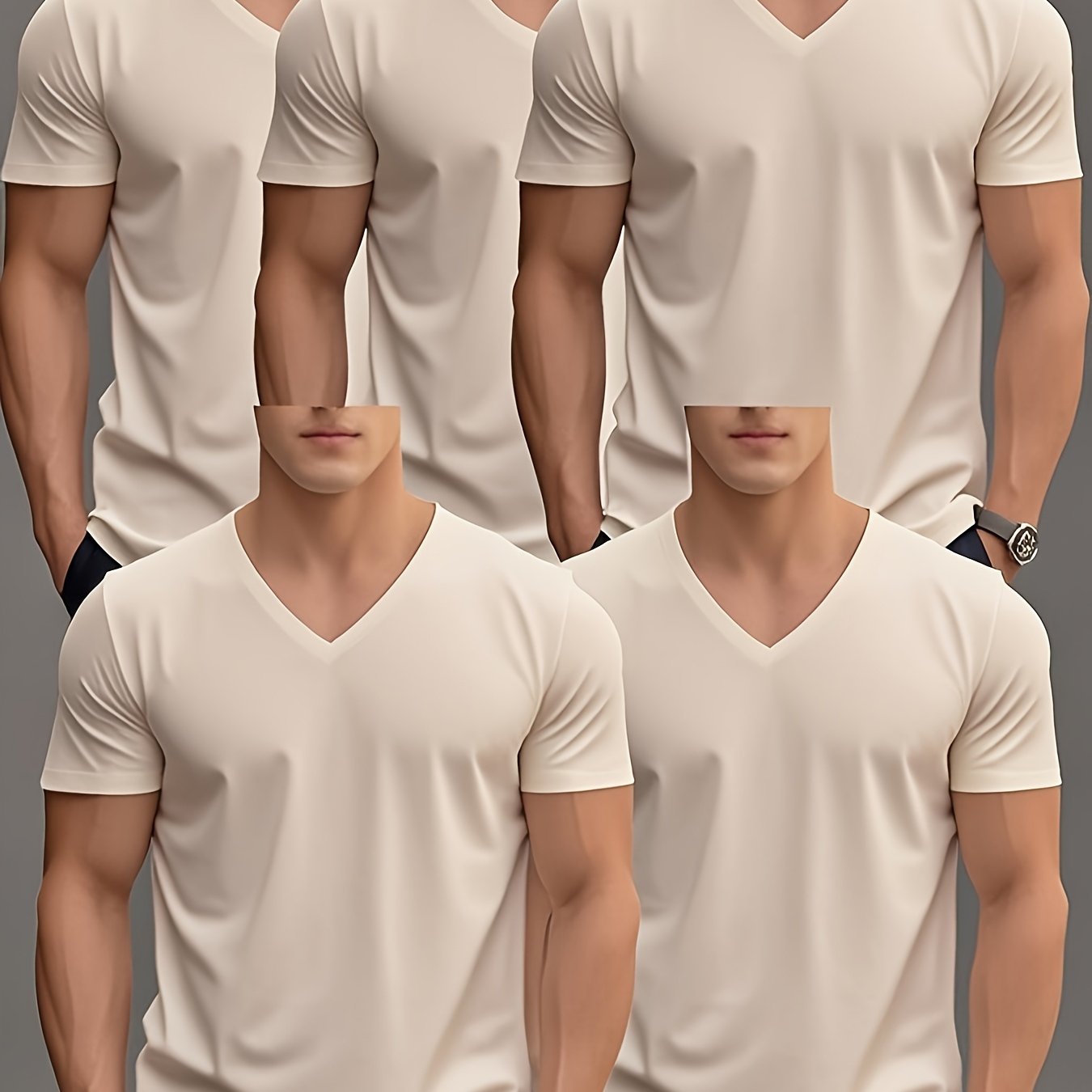 Men'S Summer Classic V-Neck Casual Short Sleeve T-Shirt Set of Five Pieces: Black, White, Gray, Navy Blue, and Dark Gray with Orange Print, PLUS SIZE