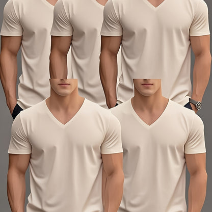 Men'S Summer Classic V-Neck Casual Short Sleeve T-Shirt Set of Five Pieces: Black, White, Gray, Navy Blue, and Dark Gray with Orange Print, PLUS SIZE