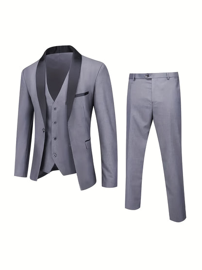 Three-Piece Formal Suit Set Men's Three-Piece Suit Set - Large Size Formal Attire with Notch Lapel, Includes Trousers & Vest for Weddings, Work & Festive Gifts