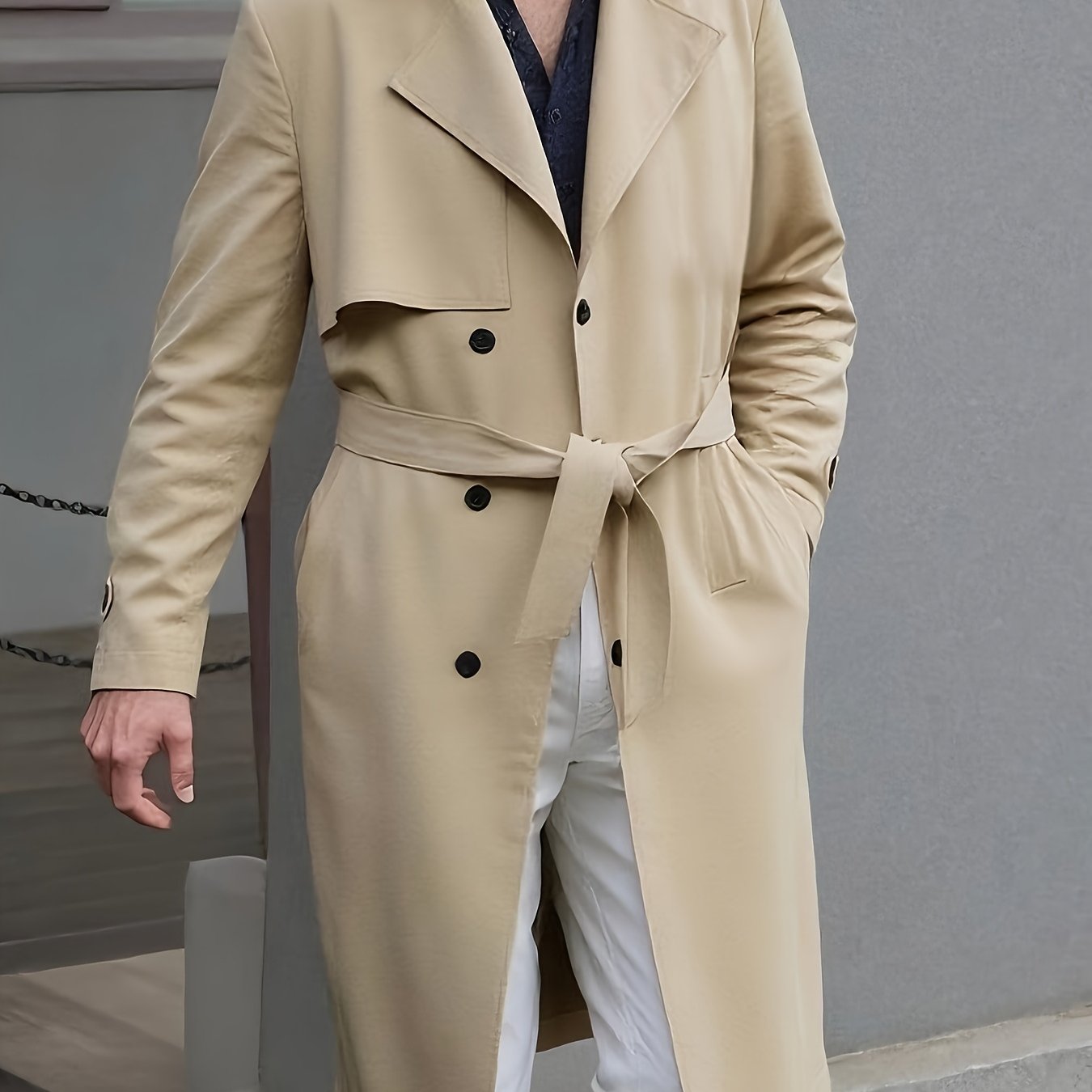 Men'S Casual Double-Breasted Trench Coat - Mid-Length Fall\u002FWinter Outerwear with Slit, Belted, Solid Black, Polyester, Single-Button Closure,