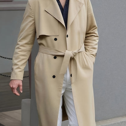 Men'S Casual Double-Breasted Trench Coat - Mid-Length Fall\u002FWinter Outerwear with Slit, Belted, Solid Black, Polyester, Single-Button Closure,