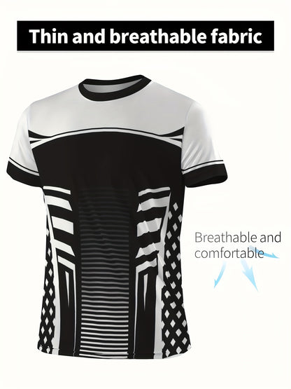 Geometric print high stretch skinny fit short sleeve crew neck T-shirt, quick-drying sports top for summer fitness,