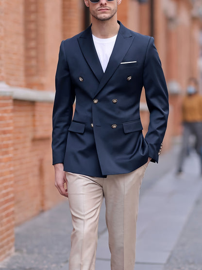 1pc Navy Blue Men's Double-Breasted Notch Lapel Suit Jacket - Luxury Business Casual Coat with Golden-Tone Buttons,