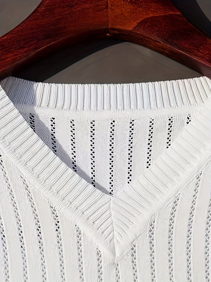 Men's Ice Silky Fiber V-Neck Short Sleeve Knit Sweater - Semi-Sheer Openwork Design, Solid Color Casual Pullover for Spring & Fall, Breathable & Versatile