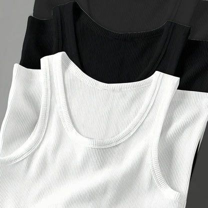 3pcs Men's Solid Color Sleeveless Tank Tops - Sporty Slim Fit, Breathable Stretch Fabric, Round Neck, Machine Washable, All-Season Casual & Athletic Wear