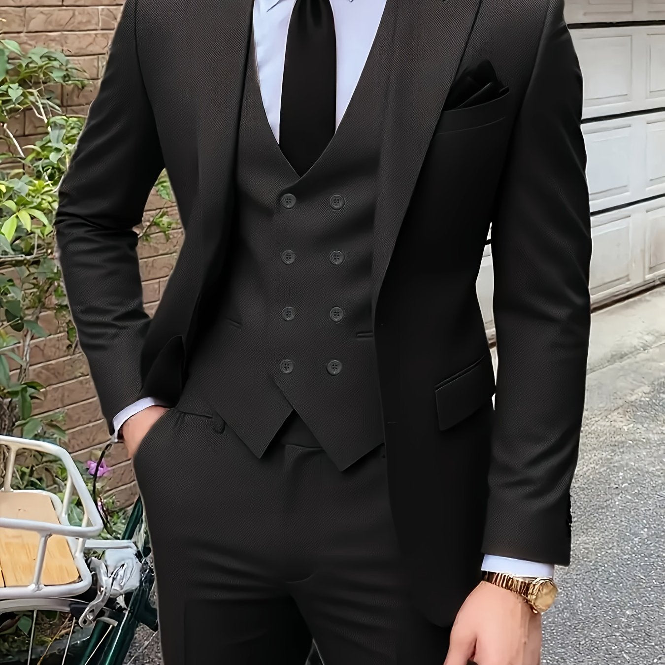 Men'S Premium Three-Piece Suit - Formal Blazer, Trousers & Vest with Black Tie & Pocket Square - Ideal for Weddings, Work, and Formal Events - Durable Woven Fabric,