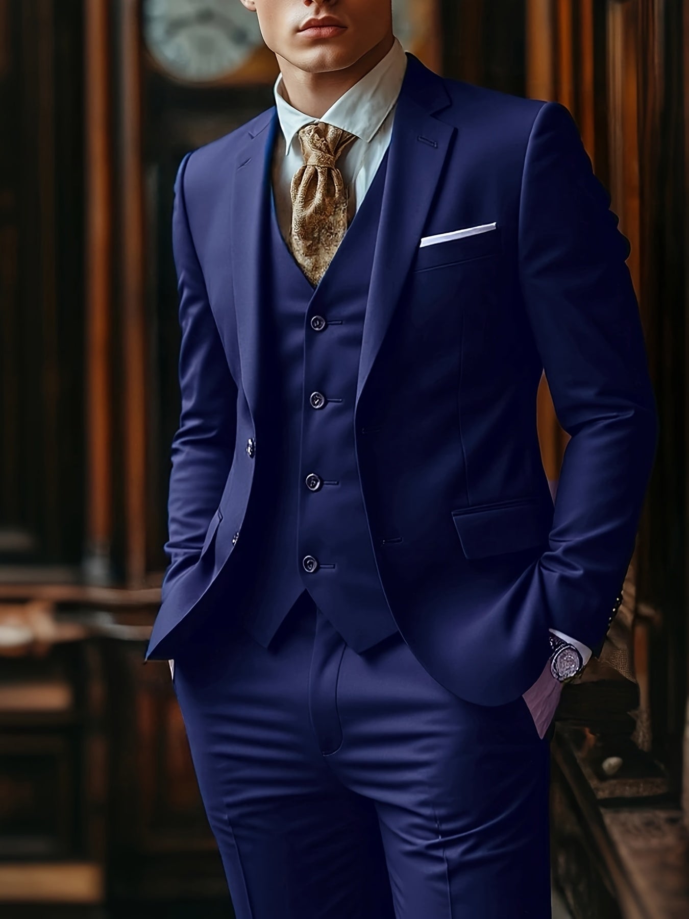 Men's Three-Piece Suit Set with Vest, Trousers, and Tie for Weddings and Formal Occasions
