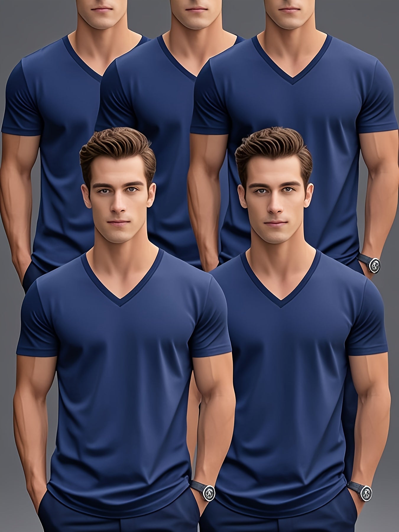 Men'S Summer Classic V-Neck Casual Short Sleeve T-Shirt Set of Five Pieces: Black, White, Gray, Navy Blue, and Dark Gray with Orange Print, PLUS SIZE