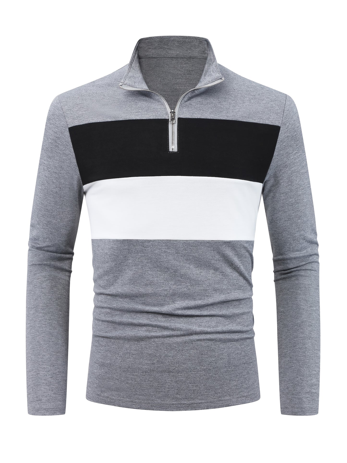 Stretchy T-Shirt Casual Stretchy Polyester Blend Men's Color Block Half-Zip Collared Long Sleeve T-Shirt | Machine Washable, Ideal for Spring & Fall