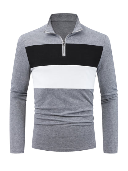 Stretchy T-Shirt Casual Stretchy Polyester Blend Men's Color Block Half-Zip Collared Long Sleeve T-Shirt | Machine Washable, Ideal for Spring & Fall
